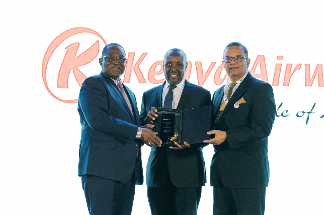 Abderahmane Berthé, Secretary General of the African Airlines Association (AFRAA), Kenya Airways CEO Allan Kilavuka CEO of LAM Mozambique, João Carlos Pó Jorge at the 56th Annual General Assembly and Summit in Cairo,Egypt.