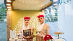 Emirates cabin crew members at the Emirates retail store launch in Kenya.