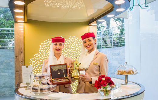 Emirates cabin crew members at the Emirates retail store launch in Kenya.