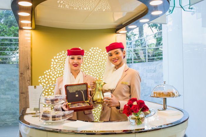 Emirates cabin crew members at the Emirates retail store launch in Kenya.