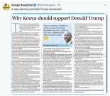 Murang'a Governor Irungu Kang'ata congratulates Donald Trump