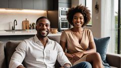 AI -genearted image of a happy couple sited on a couch
