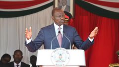 President William Ruto speaking at the Kenya Wildlife Service Law Enforcement Academy in Manyani, Taita-Taveta County.
