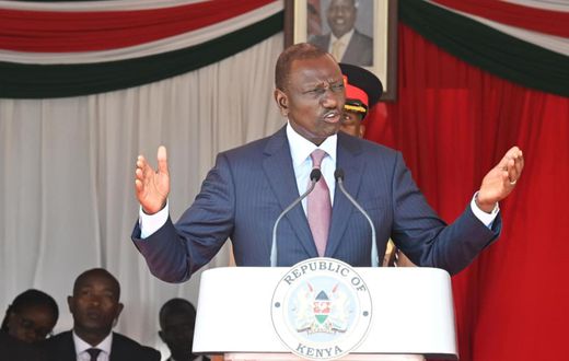 President William Ruto speaking at the Kenya Wildlife Service Law Enforcement Academy in Manyani, Taita-Taveta County.
