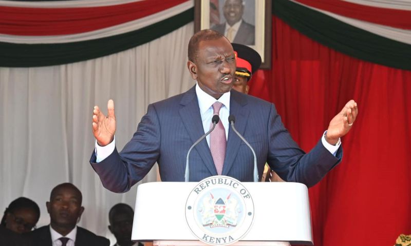 President William Ruto speaking at the Kenya Wildlife Service Law Enforcement Academy in Manyani, Taita-Taveta County.