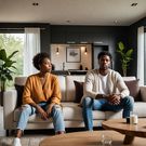 AI -genearted image of a sad couple sited on a couch