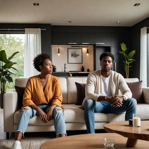 AI -genearted image of a sad couple sited on a couch