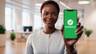 An AI-generated image of an African advertising avatar displaying a message on a smartphone