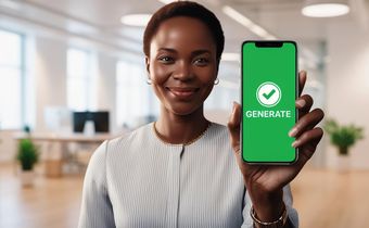An AI-generated image of an African advertising avatar displaying a message on a smartphone