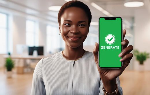 An AI-generated image of an African advertising avatar displaying a message on a smartphone