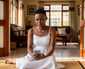 An AI-generated image of a woman staring at her phone