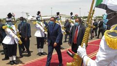 Hamdok (centre right) welcomes Madbouli (centre left) in Khartoum. It is Madbouli's first official visit to Sudan since the formation of its transitional government in 2019