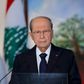 A handout picture provided by the Lebanese photo agency Dalati and Nohra shows President Michel Aoun delivering a televised address to mark the upcoming centenary of the Lebanese state