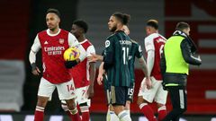 Pierre-Emerick Aubameyang (L) maintains a tradition of hat-trick scorers keeping the match ball after his treble for Arsenal in a 4-2 win over Leeds.