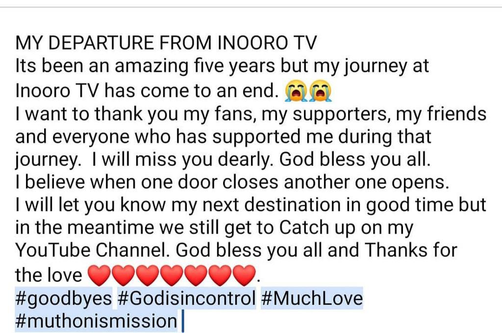 Inooro TV news anchor Muthoni Mukiri Quits