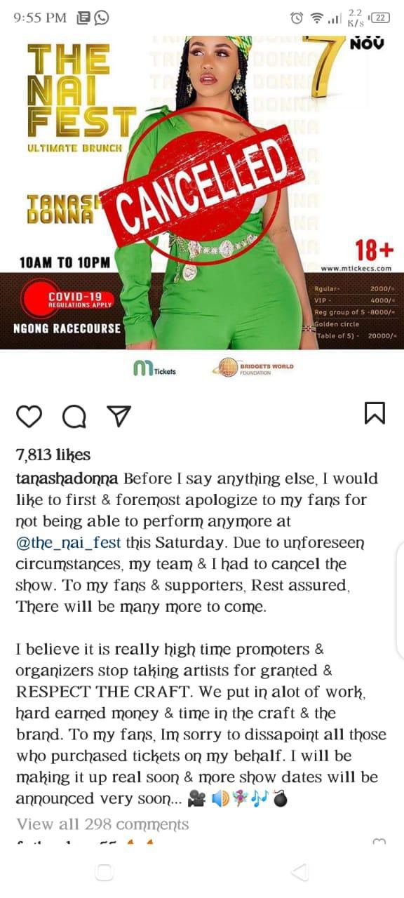 Why Tanasha Donna has cancelled her scheduled Nai Fest performance