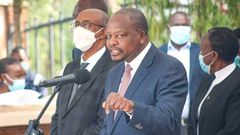 File image of Health CS Mutahi Kagwe flanked by other government officials at a Covid-19 press conference