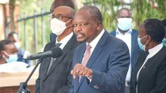 File image of Health CS Mutahi Kagwe flanked by other government officials at a Covid-19 press conference