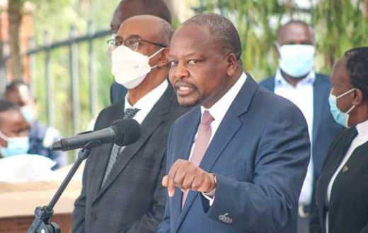 File image of Health CS Mutahi Kagwe flanked by other government officials at a Covid-19 press conference