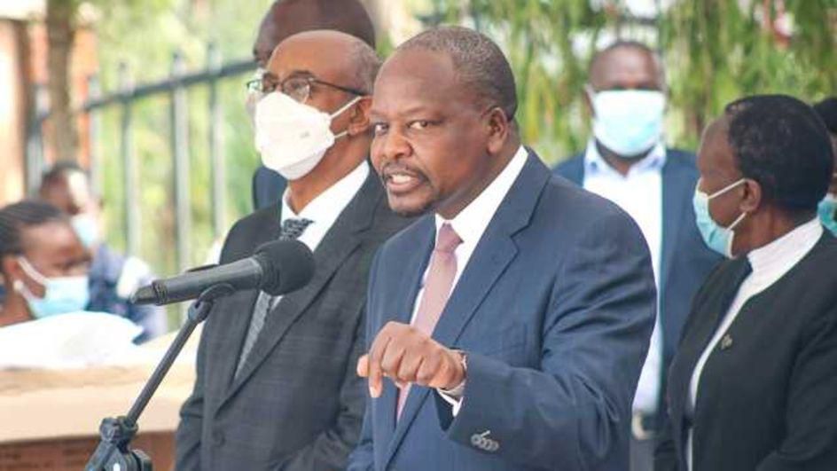 File image of Health CS Mutahi Kagwe flanked by other government officials at a Covid-19 press conference