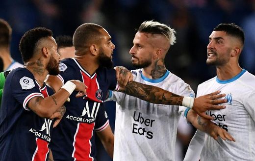 Ready for a rematch: Neymar (left) and Marseille's Spanish defender Alvaro (right) had to be separated in a bad tempered match in September