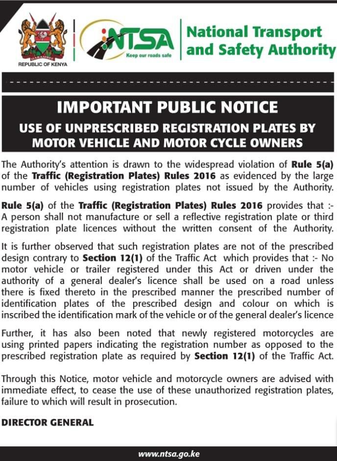 NTSA's notice on fancy number plates