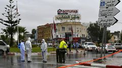 Tunisian forensic police investigate the site of an attack on Tunisian National Guard officers on September 6, 2020, in Sousse, south of the capital Tunis