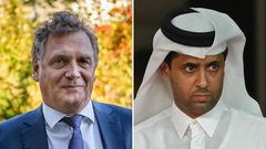 Jerome Valcke (left) and Nasser Al-Khelaifi go on trial in Switzerland on Monday