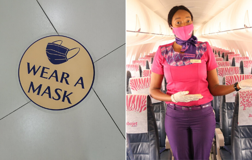 A sticker placed in Kenyan airports as local flights resume after a 3-month Covid-19 break alongside a Jambo Jet flight attendant
