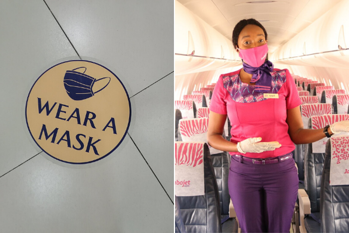 A sticker placed in Kenyan airports as local flights resume after a 3-month Covid-19 break alongside a Jambo Jet flight attendant
