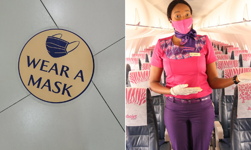 A sticker placed in Kenyan airports as local flights resume after a 3-month Covid-19 break alongside a Jambo Jet flight attendant