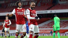 Arsenal striker Alexandre Lacazette celebrates scoring against Chelsea