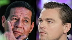 Brazilian Vice President Hamilton Mourao (L) has invited US actor Leonardo DiCaprio on an eight-hour hike in the Amazon after the film star posted a newspaper report on fires that are destroying large swathes of the rainforest