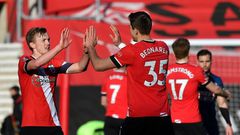 Southampton players celebrate their FA Cup fourth-round win against Arsenal