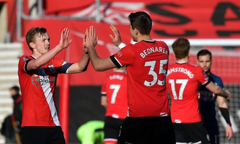 Southampton players celebrate their FA Cup fourth-round win against Arsenal