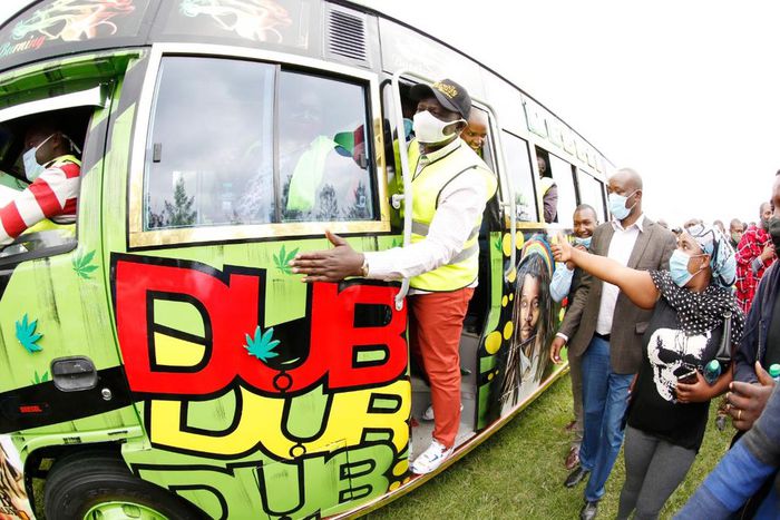 DP William Ruto hanging on a matatu during a recent interaction at his Karen residence