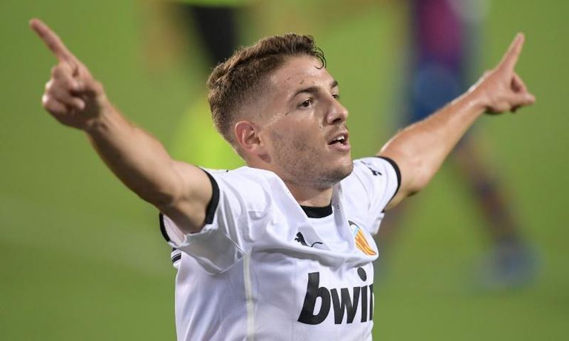 Manu Vallejo celebrates after scoring his second in Valencia's 4-2 win over Levante on Sunday.