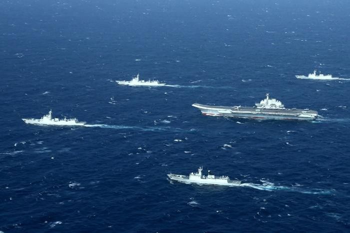 Chinese navy ships, including the aircraft carrier Liaoning, during military drills in the South China Sea