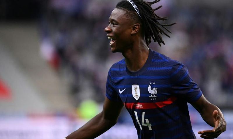 Eduardo Camavinga celebrates his first goal for France
