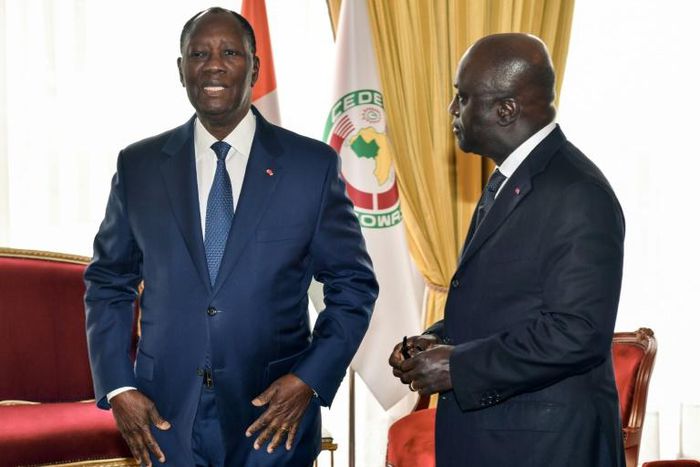 Ivorian President Alassane Ouattara, left, with the then foreign minister Marcel Amon-Tanoh, pictured in October 2018. Amon-Tanoh has declared his bid to succeed Ouattara as head of state