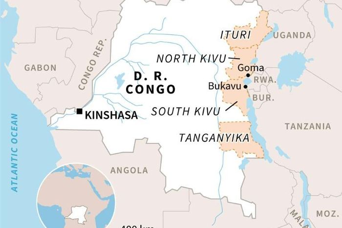 Map of the DRC locating North and South Kivu, Ituri and Tanganyika