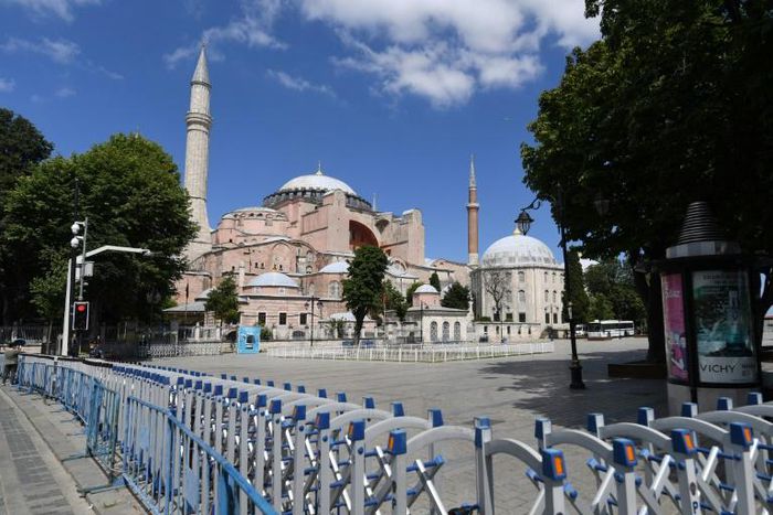 A picture taken on July 11, 2020 shows police fences set up around Hagia Sophia in Istanbul, a day after a top Turkish court revoked the sixth-century Hagia Sophia's status as a museum, clearing the way for it to be turned back into a mosque