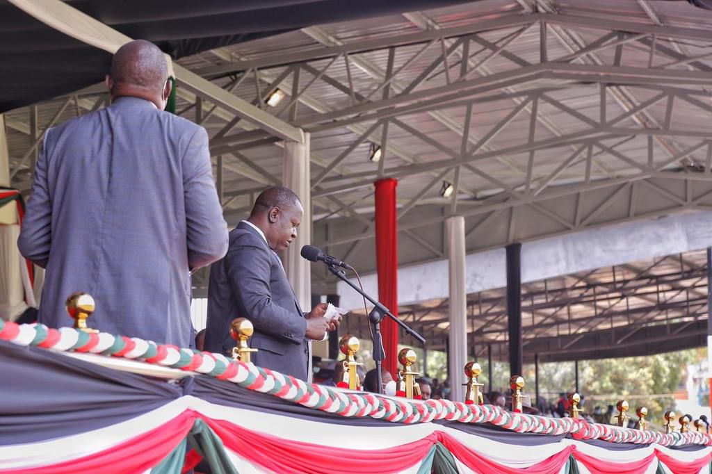 Interior CS Fred Matiang'i addressing the gathering at Gusii Stadium during the 11th celebration of Mashujaa Day