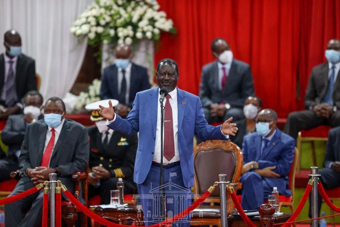 Raila Odinga with President Uhuru Kenyatta at the Bomas of Kenya