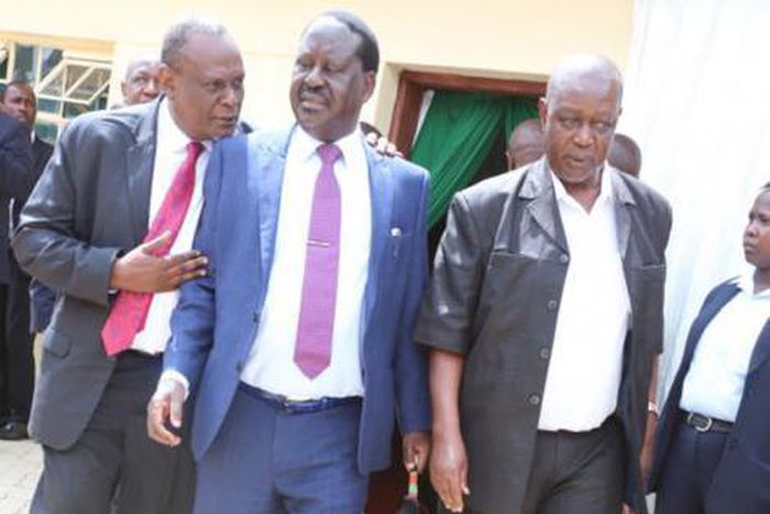 File image of Daving Murathe with Raila Odinga and Oburu Odinga