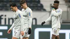 Leverkusen players trudge off after Saturday's latest Bundesliga defeat at Eintracht Frankfurt