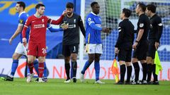 Liverpool defender Andrew Robertson complains to the officials