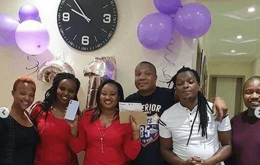KBC radio presenter Bonnie Musambi, his wife Betty Musangi and friends celebrating Betty's 31st birthday