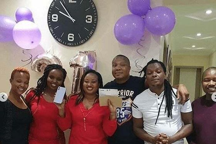 KBC radio presenter Bonnie Musambi, his wife Betty Musangi and friends celebrating Betty's 31st birthday