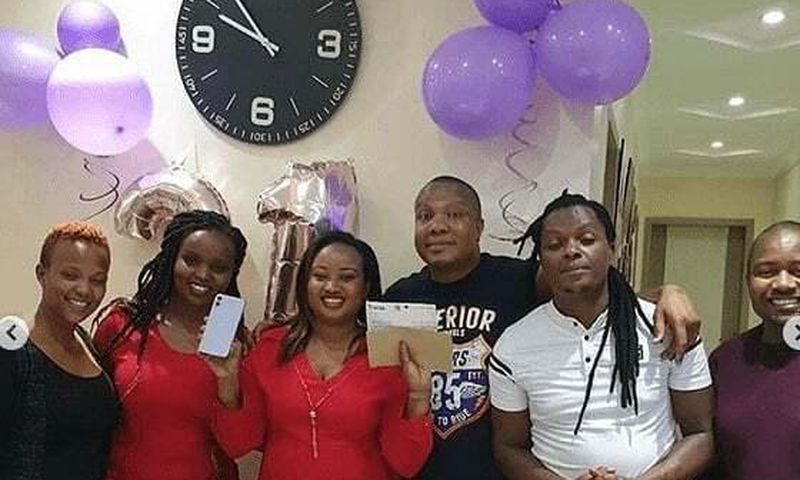 KBC radio presenter Bonnie Musambi, his wife Betty Musangi and friends celebrating Betty's 31st birthday